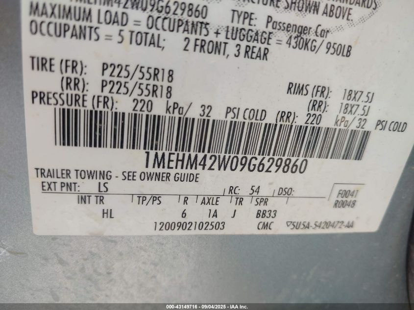 2009 Mercury Sable Premier VIN: 1MEHM42W09G629860 Lot: 43149716