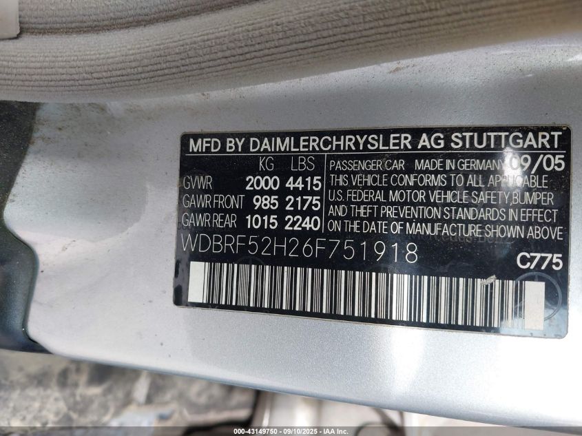2006 Mercedes-Benz C 230 Sport VIN: WDBRF52H26F751918 Lot: 43149750