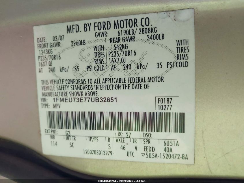 2007 Ford Explorer Xlt VIN: 1FMEU73E77UB32651 Lot: 43149754