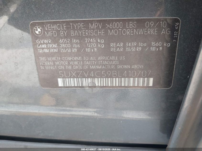 2011 BMW X5 xDrive35I/xDrive35I Premium/xDrive35I Sport Activity VIN: 5UXZV4C59BL410707 Lot: 43149827