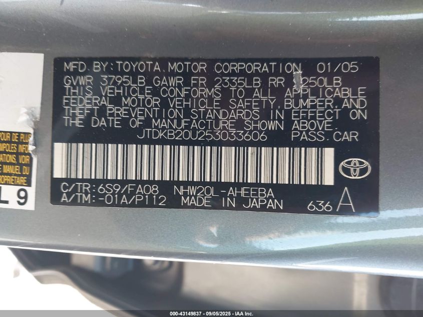 2005 Toyota Prius VIN: JTDKB20U253033606 Lot: 43149837