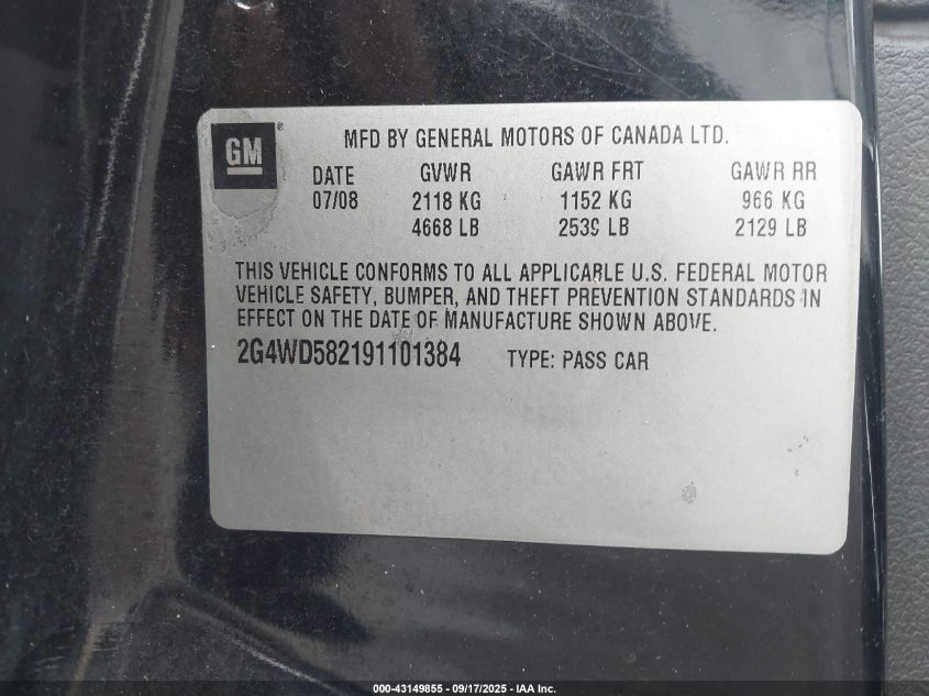 2009 Buick Lacrosse Cxl VIN: 2G4WD582191101384 Lot: 43149855