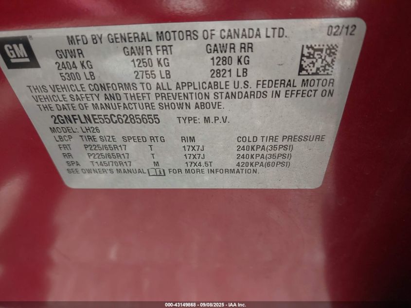 2012 Chevrolet Equinox 2Lt VIN: 2GNFLNE55C6285655 Lot: 43149868