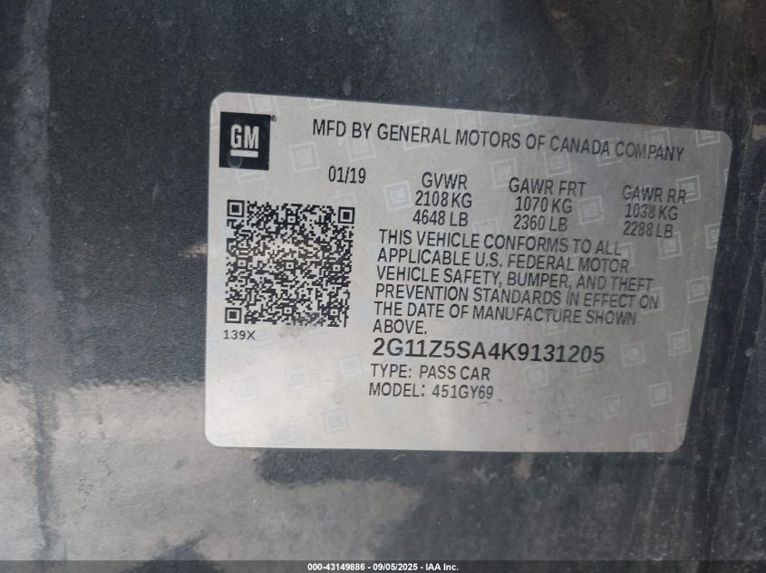2019 Chevrolet Impala Lt VIN: 2G11Z5SA4K9131205 Lot: 43149886