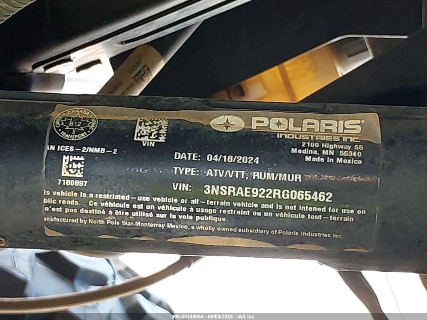 2024 Polaris Rzr Pro Xp Sport VIN: 3NSRAE922RG065462 Lot: 43149954