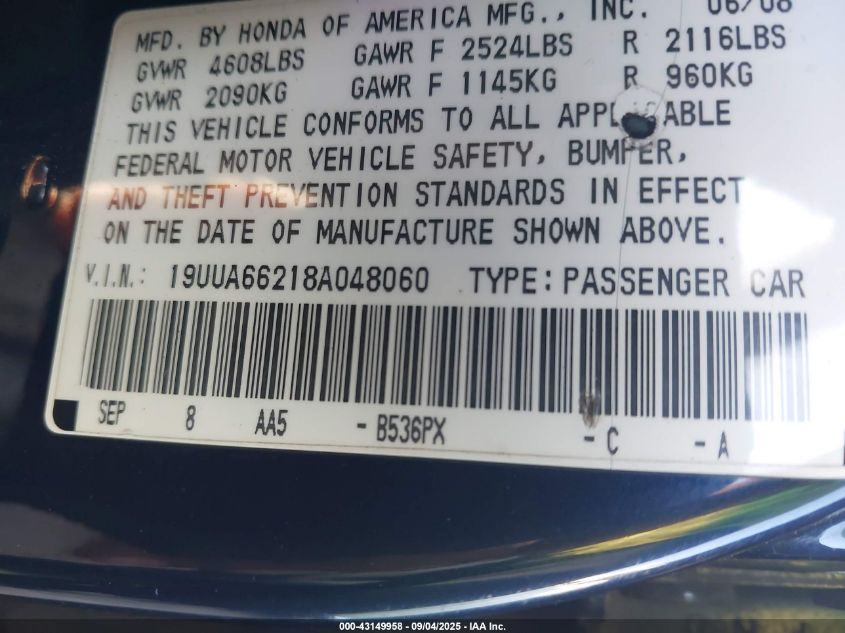 2008 Acura Tl 3.2 VIN: 19UUA66218A048060 Lot: 43149958