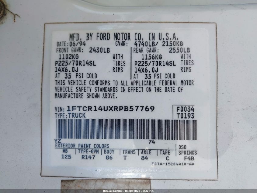 1994 Ford Ranger Super Cab VIN: 1FTCR14UXRPB57769 Lot: 43149980
