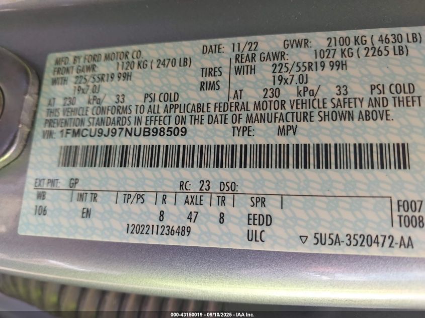 2022 Ford Escape Titanium VIN: 1FMCU9J97NUB98509 Lot: 43150019