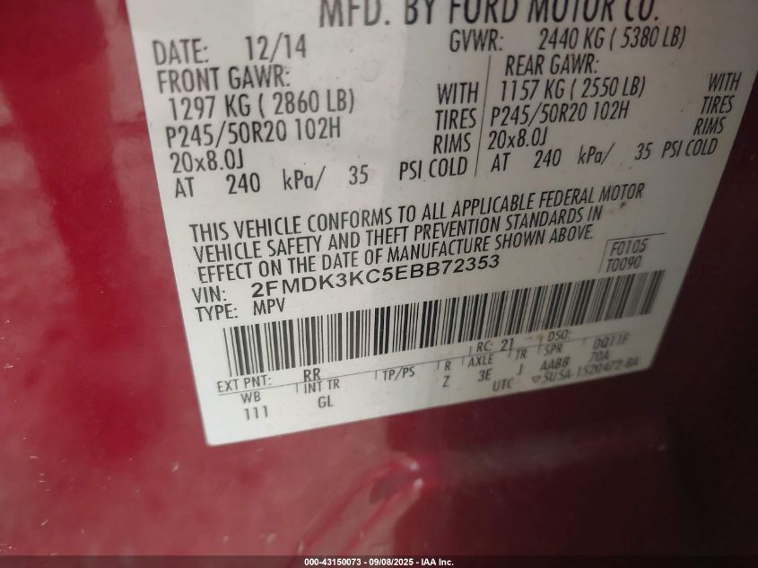 2014 Ford Edge Limited VIN: 2FMDK3KC5EBB72353 Lot: 43150073