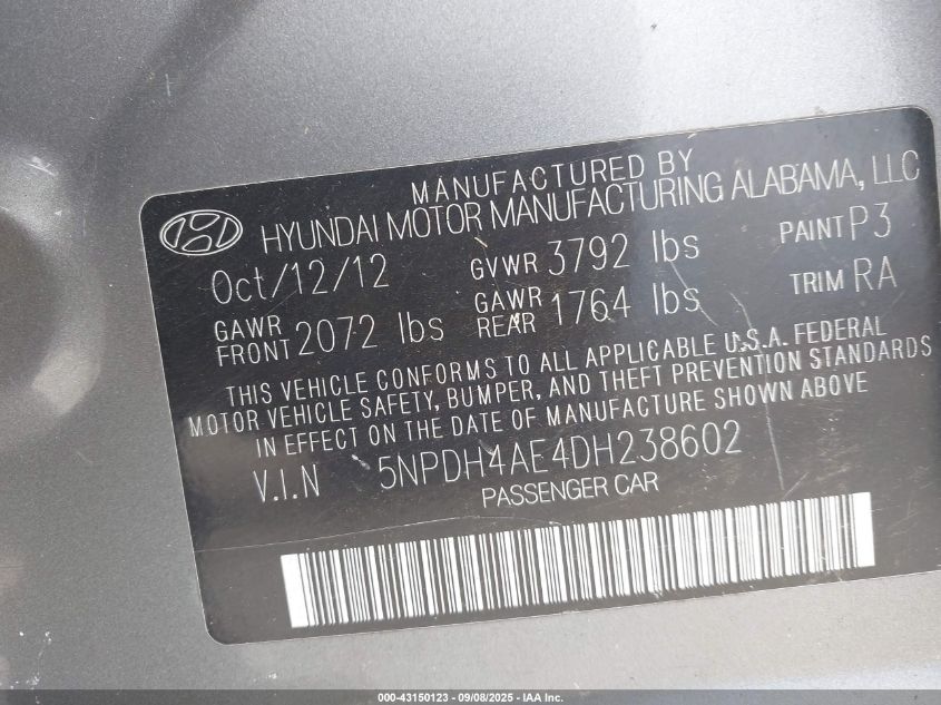2013 Hyundai Elantra Limited VIN: 5NPDH4AE4DH238602 Lot: 43150123