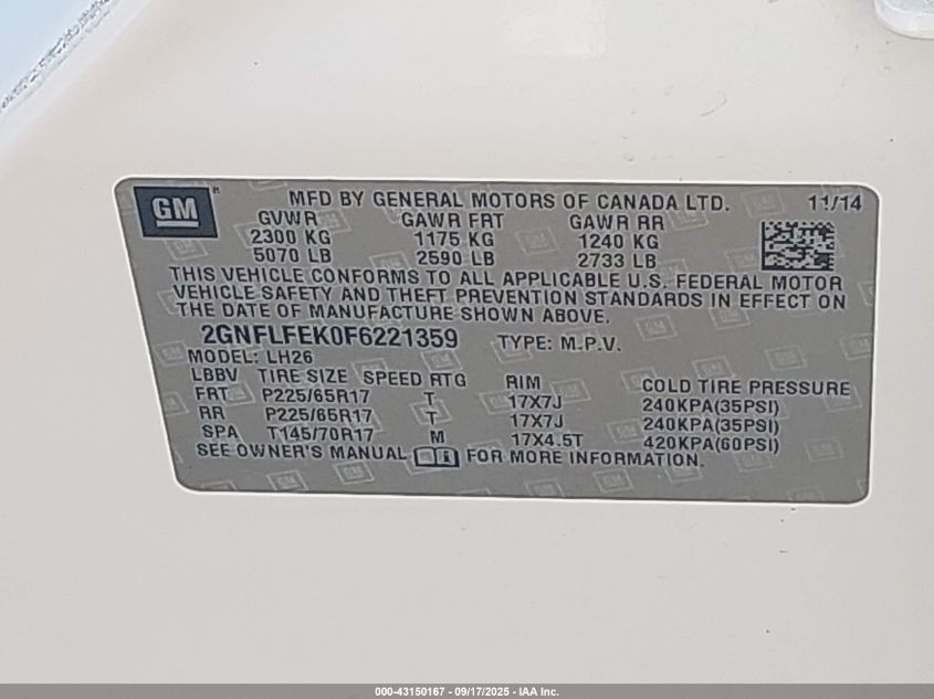 2015 Chevrolet Equinox 1Lt VIN: 2GNFLFEK0F6221359 Lot: 43150167