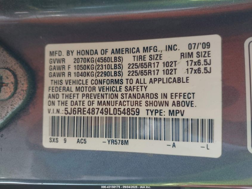 2009 Honda Cr-V Ex-L VIN: 5J6RE48749L054859 Lot: 43150175
