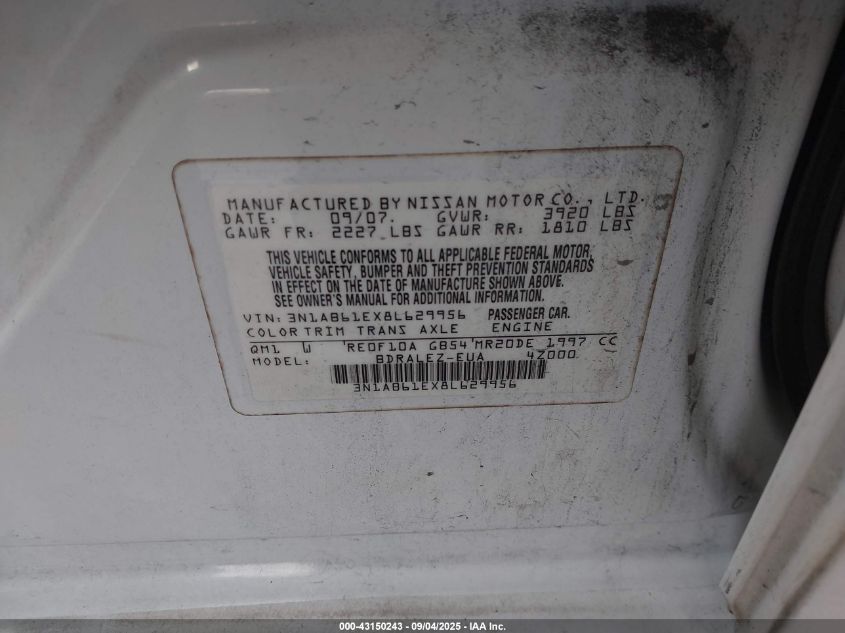 2008 Nissan Sentra 2.0S VIN: 3N1AB61EX8L629956 Lot: 43150243