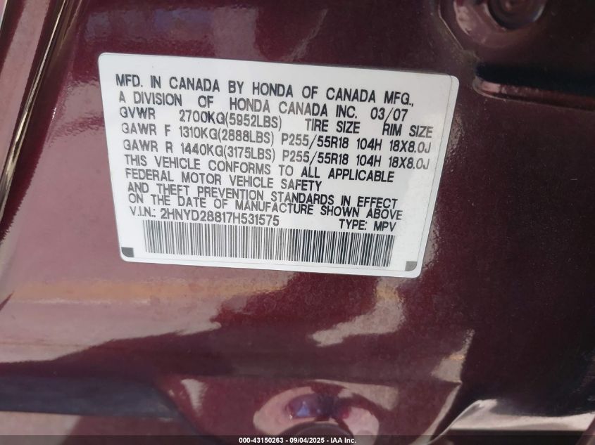 2007 Acura Mdx Sport Package VIN: 2HNYD28817H531575 Lot: 43150263