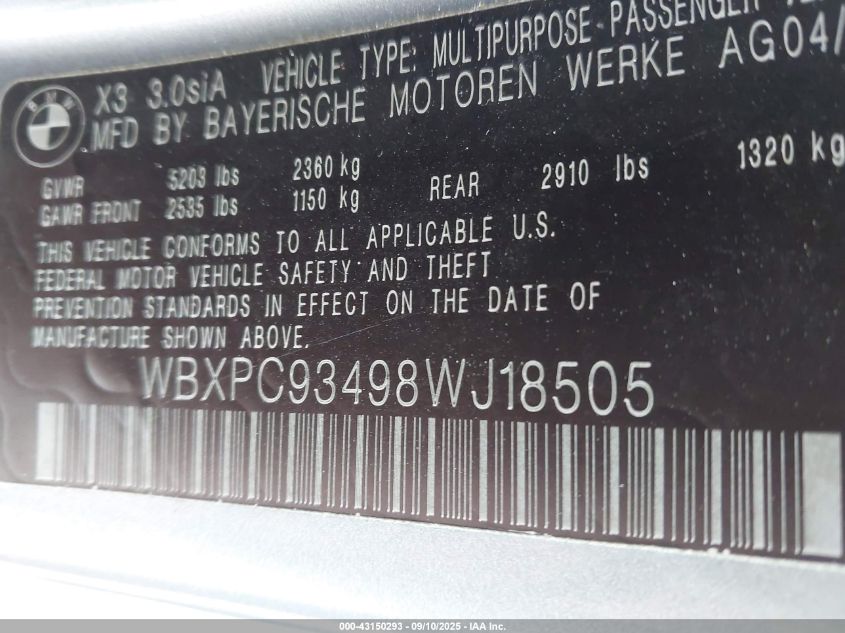 2008 BMW X3 3.0Si VIN: WBXPC93498WJ18505 Lot: 43150293