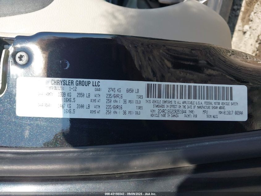 2012 Chrysler Town & Country Touring VIN: 2C4RC1BG2CR251644 Lot: 43150343