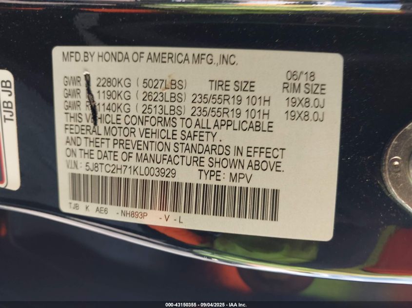 2019 Acura Rdx Advance Package VIN: 5J8TC2H71KL003929 Lot: 43150355