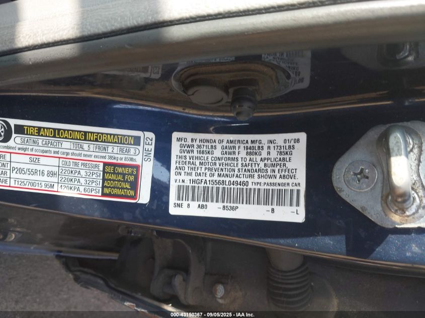 2008 Honda Civic Lx VIN: 1HGFA15568L049460 Lot: 43150367