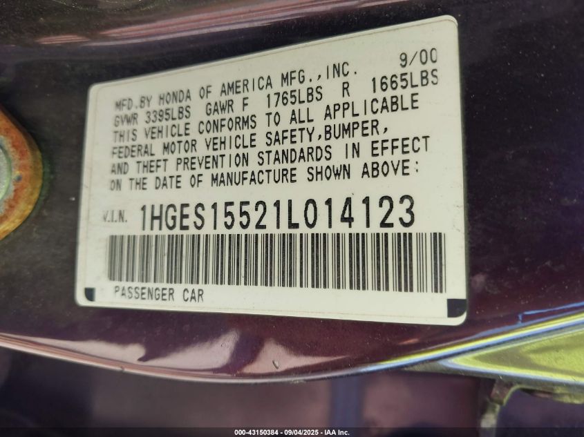 2001 Honda Civic Lx VIN: 1HGES15521L014123 Lot: 43150384