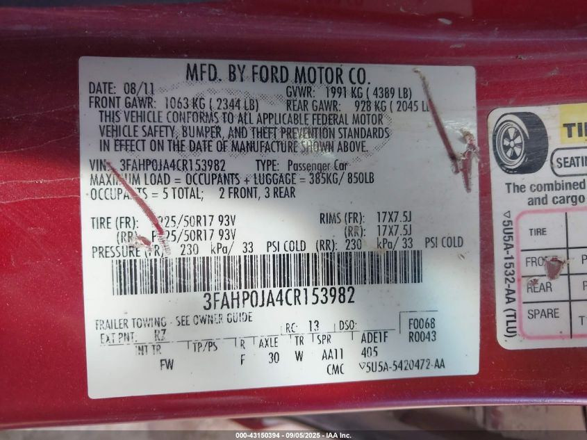 2012 Ford Fusion Sel VIN: 3FAHP0JA4CR153982 Lot: 43150394