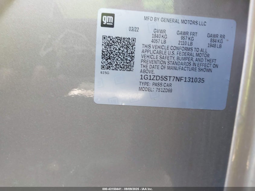 2022 CHEVROLET MALIBU FWD LT - 1G1ZD5ST7NF131035