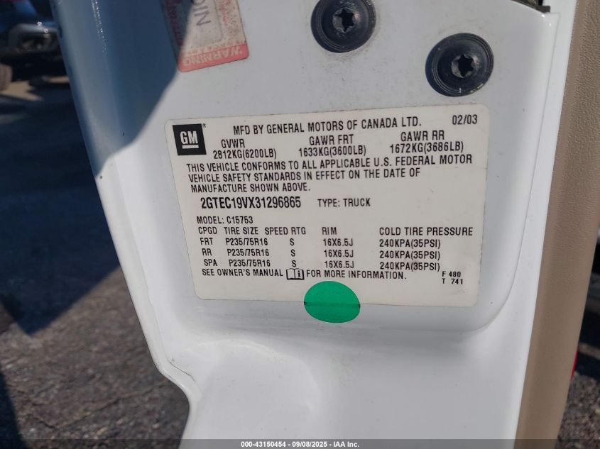 2003 GMC New Sierra Sle VIN: 2GTEC19VX31296865 Lot: 43150454