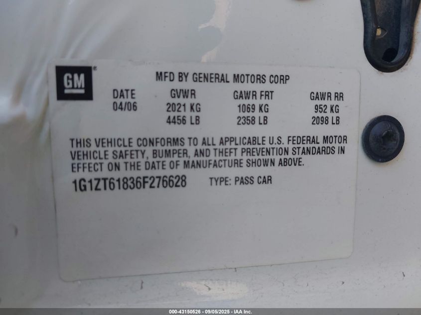 2006 Chevrolet Malibu Maxx Lt VIN: 1G1ZT61836F276628 Lot: 43150526