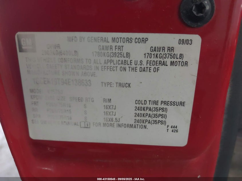 2004 Chevrolet Silverado 1500 Z71 VIN: 1GCEK19T94E138633 Lot: 43150545