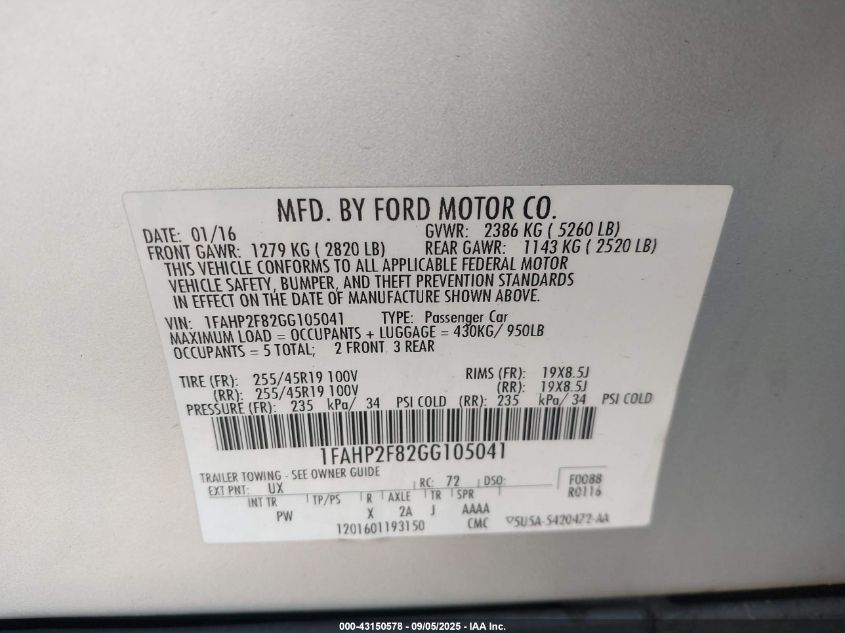 2016 Ford Taurus Limited VIN: 1FAHP2F82GG105041 Lot: 43150578