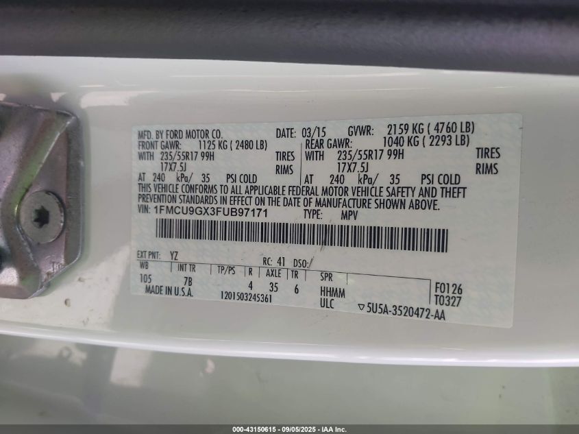 2015 Ford Escape Se VIN: 1FMCU9GX3FUB97171 Lot: 43150615