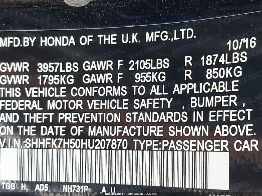 2017 Honda Civic Ex VIN: SHHFK7H50HU207870 Lot: 43150617