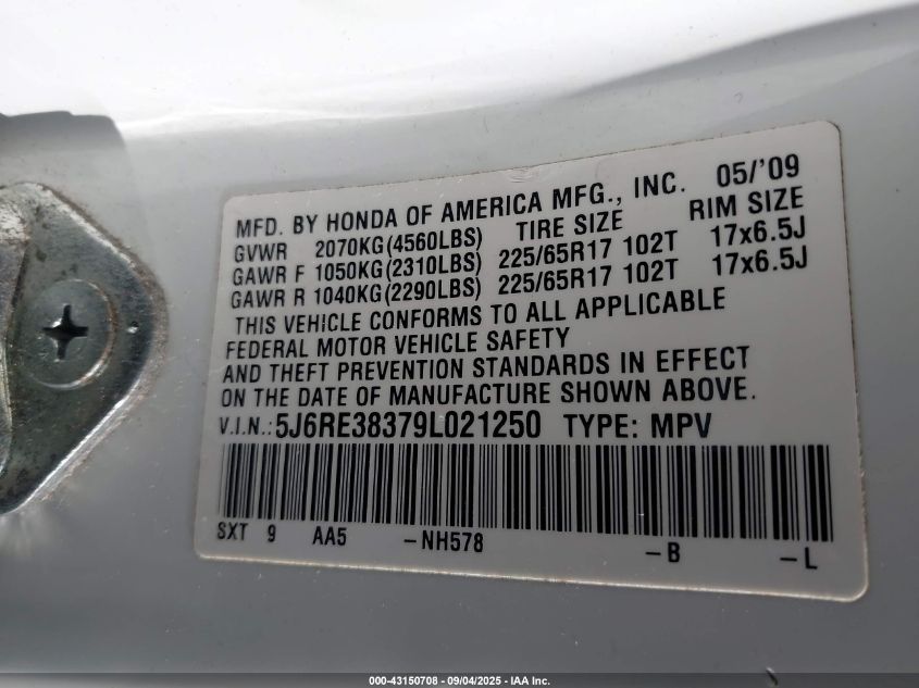 2009 Honda Cr-V Lx VIN: 5J6RE38379L021250 Lot: 43150708