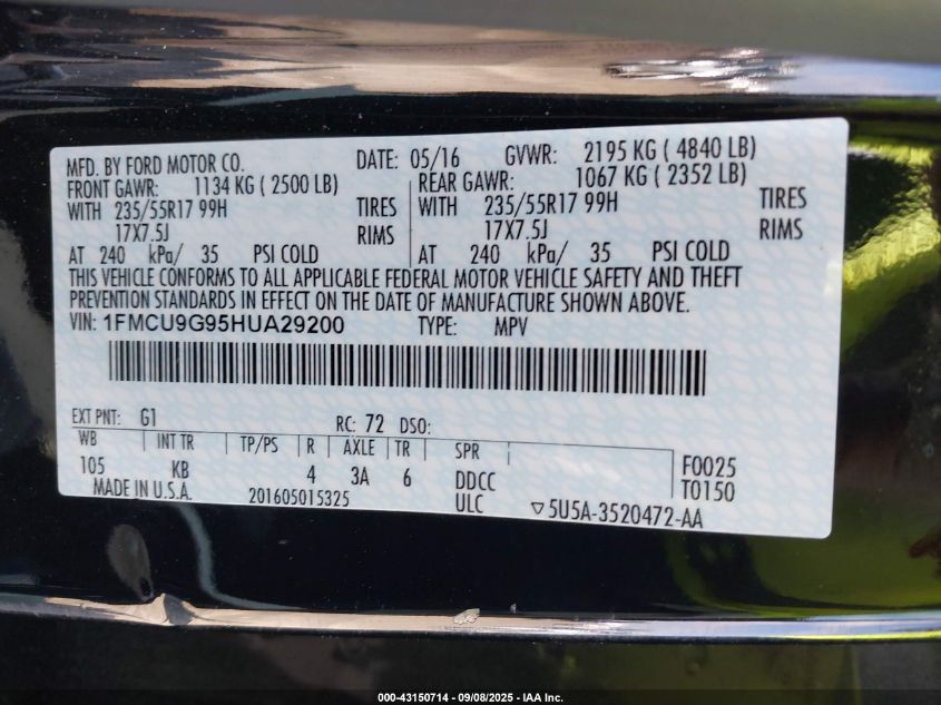 2017 Ford Escape Se VIN: 1FMCU9G95HUA29200 Lot: 43150714