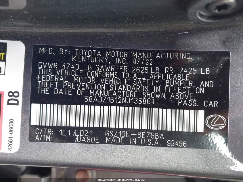 2022 LEXUS ES 350 - 58ADZ1B12NU135861