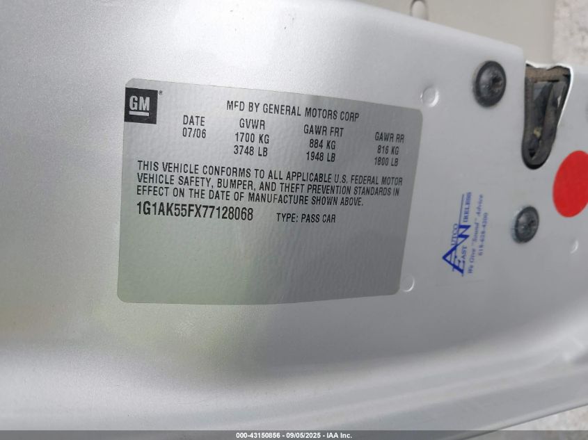 2007 Chevrolet Cobalt Ls VIN: 1G1AK55FX77128068 Lot: 43150856