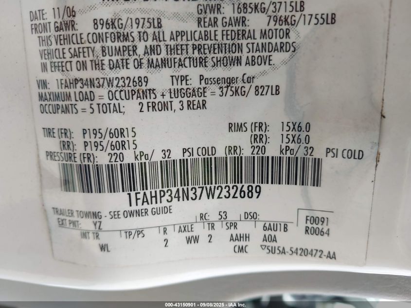 2007 Ford Focus S/Se/Ses VIN: 1FAHP34N37W232689 Lot: 43150901