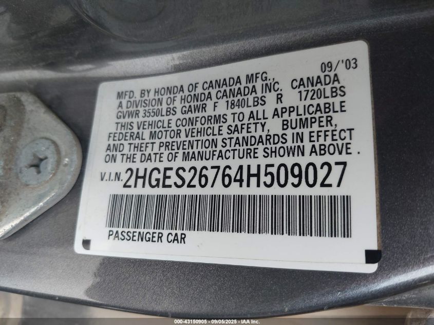 2004 Honda Civic Ex VIN: 2HGES26764H509027 Lot: 43150905