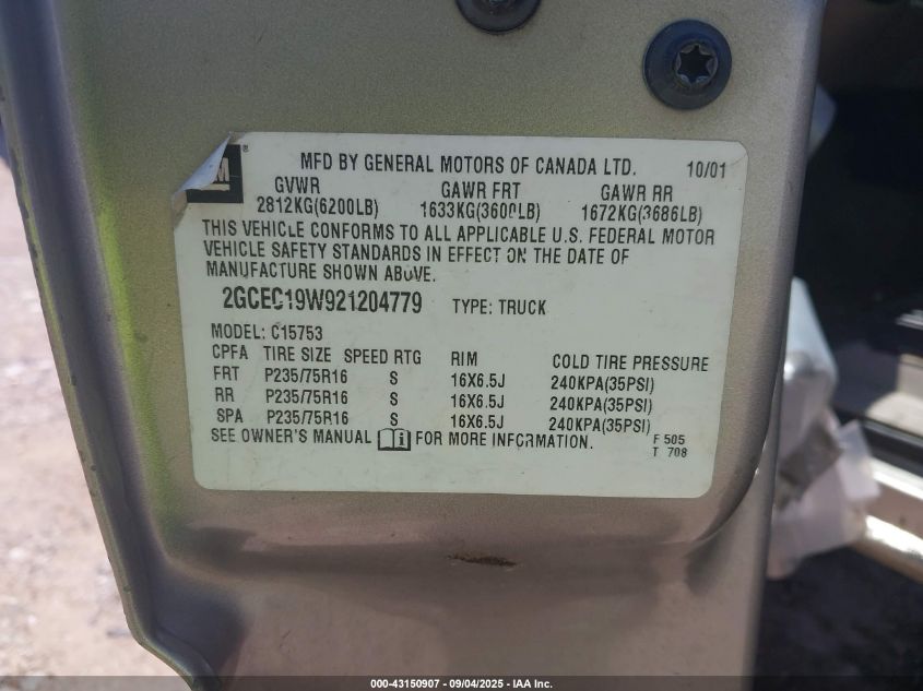 2002 Chevrolet Silverado 1500 Ls VIN: 2GCEC19W921204779 Lot: 43150907