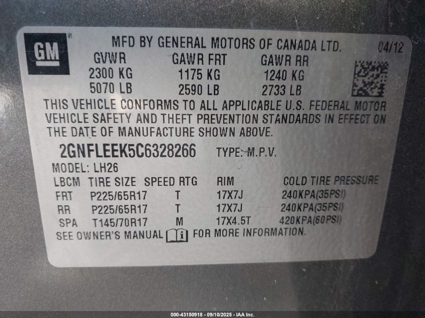 2012 Chevrolet Equinox 1Lt VIN: 2GNFLEEK5C6328266 Lot: 43150918