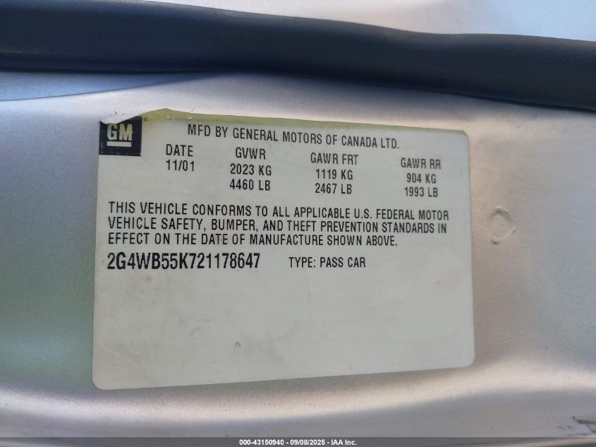 2002 Buick Regal Ls VIN: 2G4WB55K721178647 Lot: 43150940