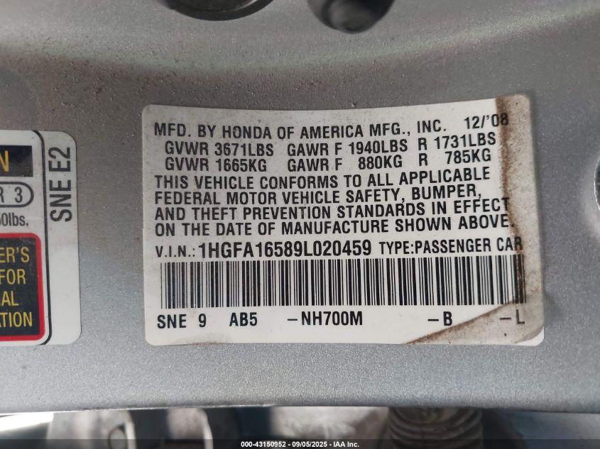 2009 Honda Civic Lx VIN: 1HGFA16589L020459 Lot: 43150952