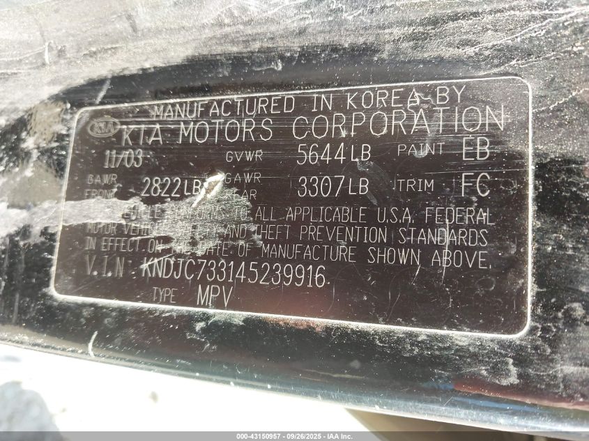 2004 Kia Sorento Ex/Lx VIN: KNDJC733145239916 Lot: 43150957