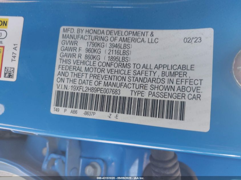 2023 Honda Civic Sport VIN: 19XFL2H89PE007683 Lot: 43151020