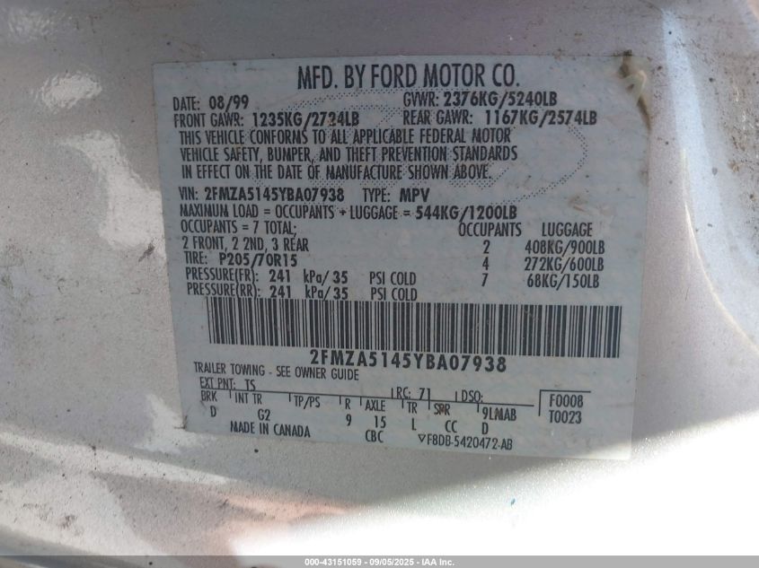 2000 Ford Windstar Lx VIN: 2FMZA5145YBA07938 Lot: 43151059