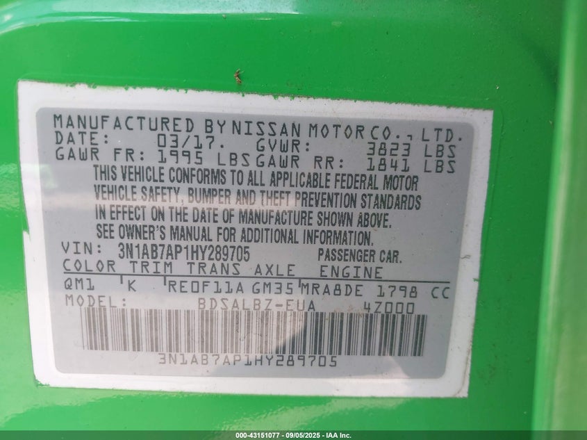 2017 NISSAN SENTRA S 3N1AB7AP1HY289705