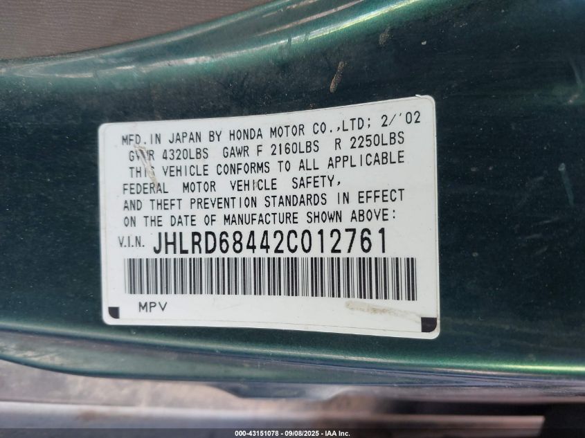 2002 Honda Cr-V Lx VIN: JHLRD68442C012761 Lot: 43151078