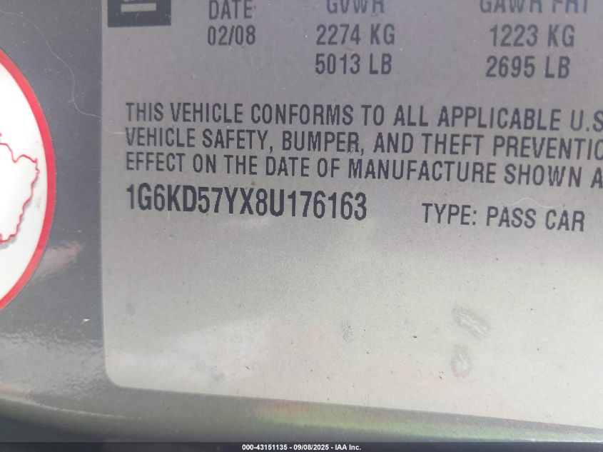 2008 Cadillac Dts 1Sc VIN: 1G6KD57YX8U176163 Lot: 43151135