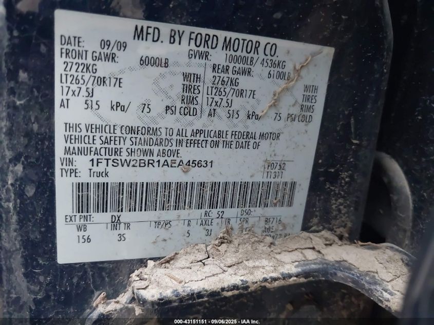 2010 Ford F250 Super Duty VIN: 1FTSW2BR1AEA45631 Lot: 43151151
