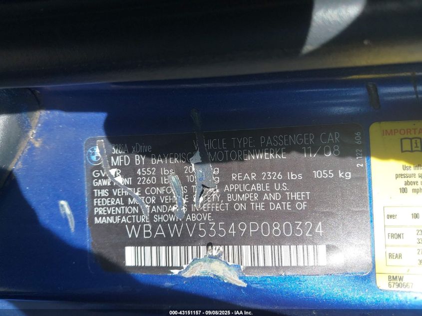 2009 BMW 328I xDrive VIN: WBAWV53549P080324 Lot: 43151157