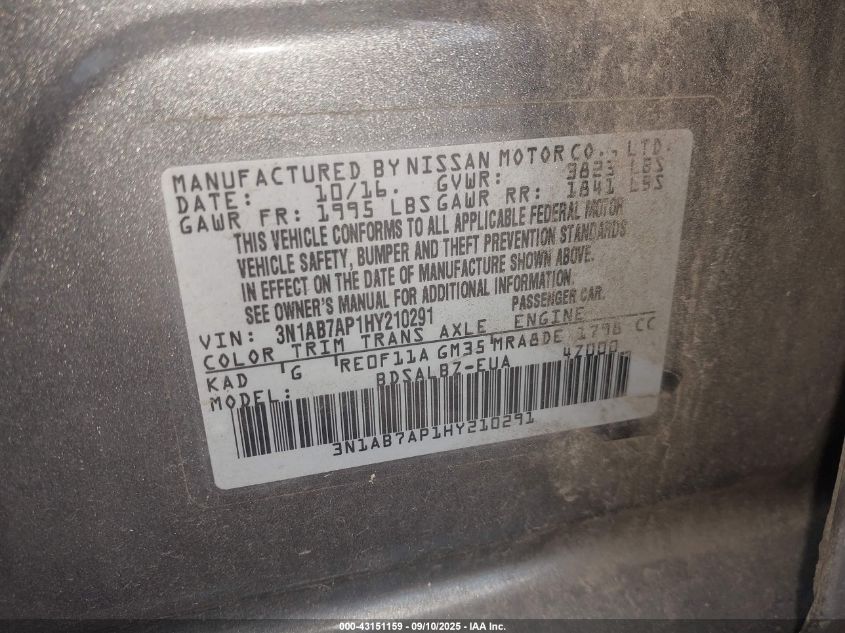 2017 Nissan Sentra S VIN: 3N1AB7AP1HY210291 Lot: 43151159